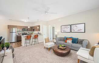 a living room with a couch and a chair and a kitchen
