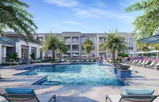 a swimming pool with chairs and umbrellas and a building in the background