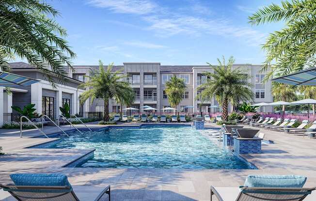 a swimming pool with chairs and umbrellas and a building in the background