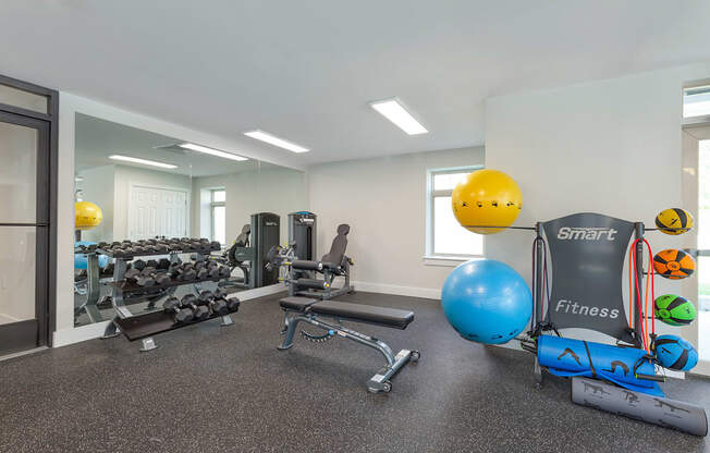 the preserve at ballantyne commons fitness room with weights and cardio equipment at Copper and Quarry Village, Maryland