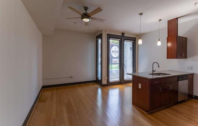 Windows and kitchen at The Masonry Apartments