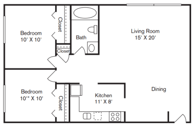 2 beds, 1 bath, 740 sqft, $1,000