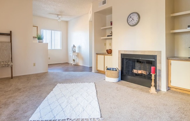 Brittany court living room with cozy fireplace