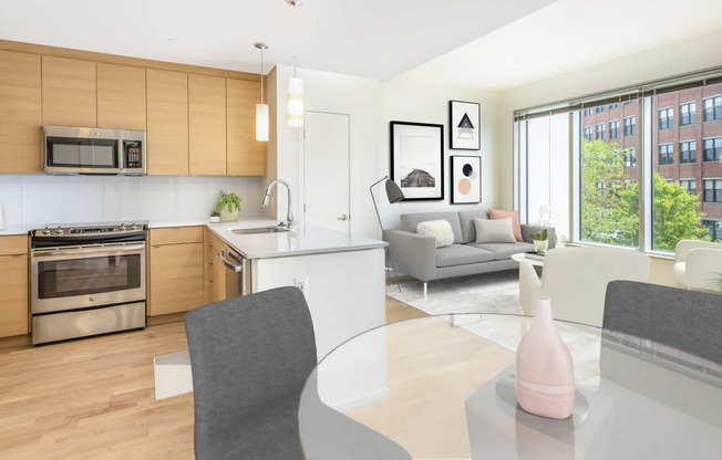 Living Room and Kitchen with Stainless Steel Appliances