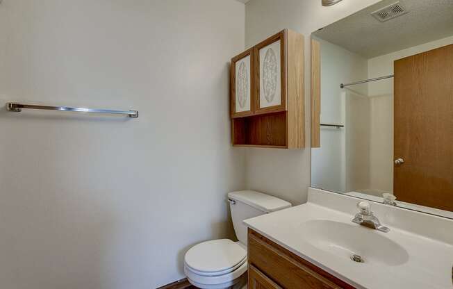 a bathroom with a sink toilet and a mirror