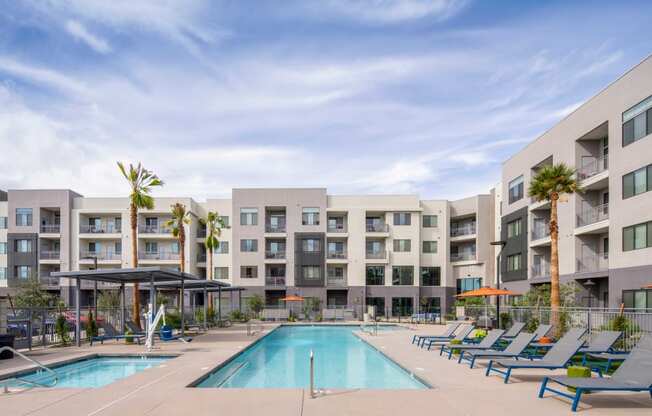 our apartments have a large swimming pool with lounge chairs