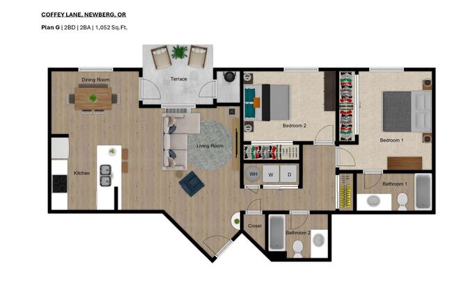 2 beds, 2 baths, 974 sqft, $1,899, Unit d101