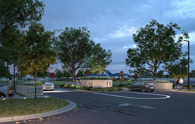 a rendering of a parking lot with cars and trees