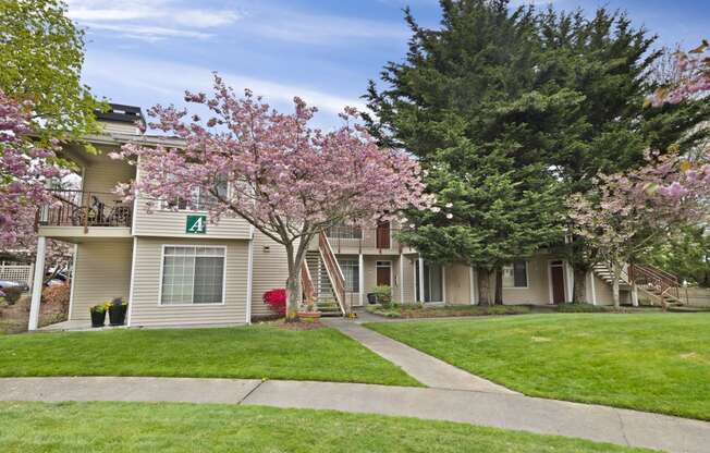 an apartment building with a flowering tree in front of it