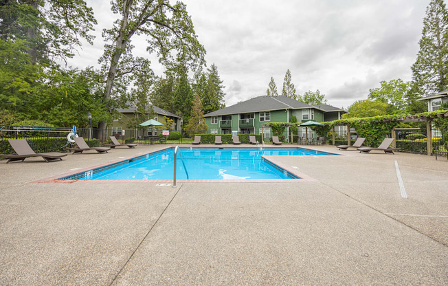 A large swimming pool surrounded by a concrete patio and trees.