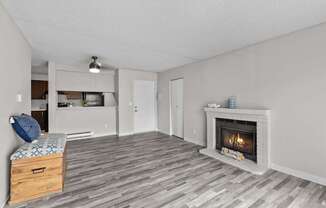 A room with a fireplace and a bed.