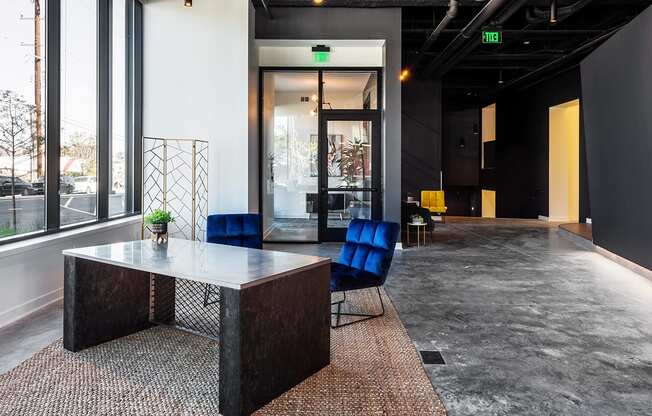 lobby with desk and seating at Steelcote Square, Missouri