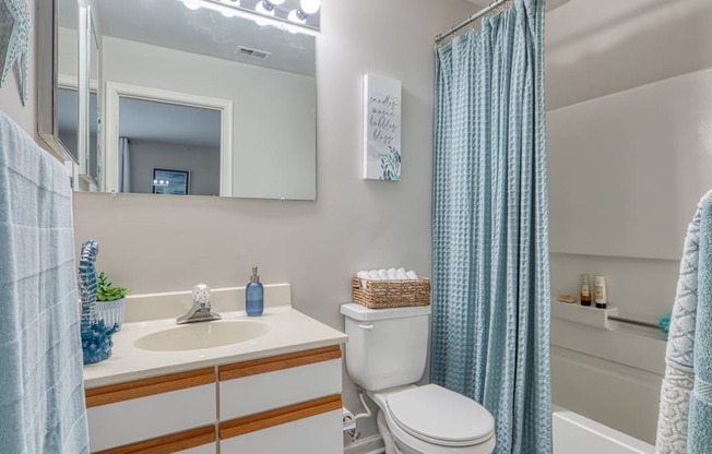 a bathroom with a blue shower curtain and a toilet and sink