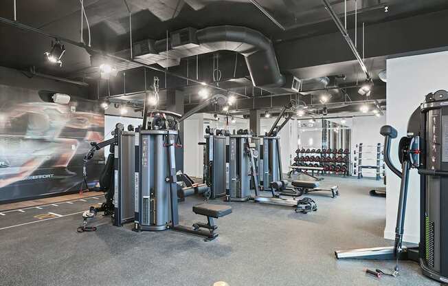 Weight machines in bi-level fitness studio