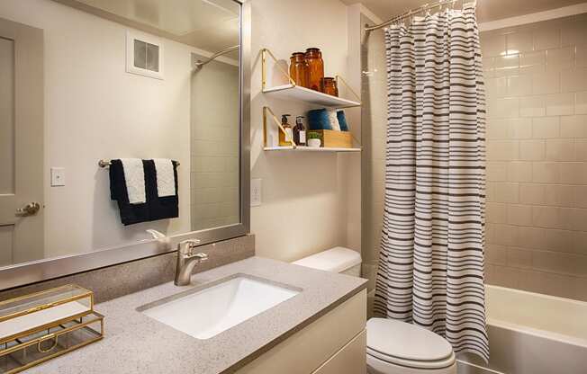 Bathroom with Granite Counters, Toilet and Shower