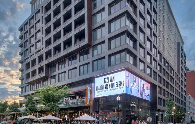 A large building with a sign that says