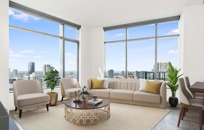 a living room with large windows and a couch and a coffee table at Cassidy on Canal, Chicago, 60606