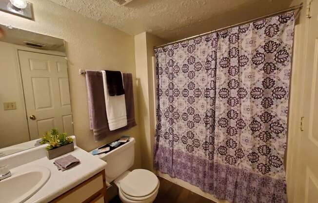 a bathroom with a toilet sink and shower at GABLE HILLS Apartments, Oklahoma
