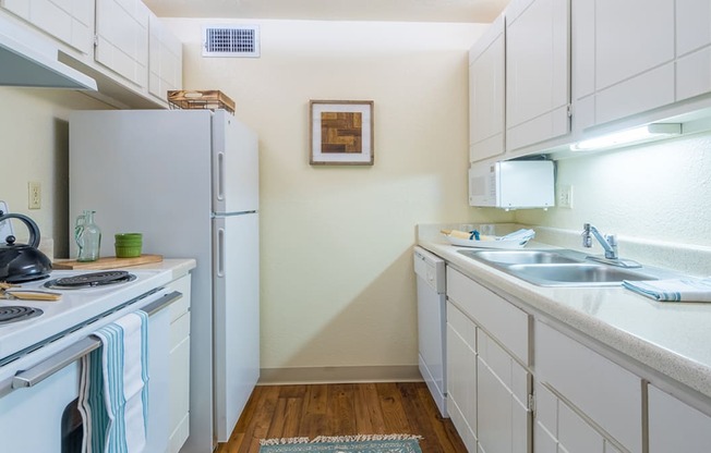 Catalina Canyon white kitchen with a fridge, sink, and two stove tops.