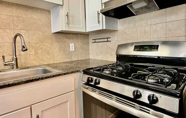 a kitchen with a stove and a sink