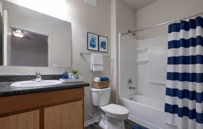 A bathroom with a white toilet and a blue and white striped shower curtain.