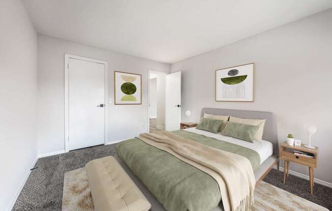 A bedroom with a bed, a couch, and two pictures on the wall.
