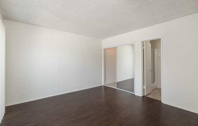 Bedroom with Hardwood Floors and Mirrored Wardrobe Closet