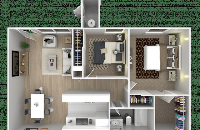 A 3D floor plan of a small apartment with a kitchen, living room, and bathroom.