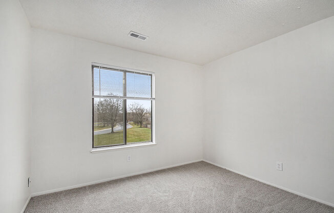 an empty bedroom with a window and carpeted floor