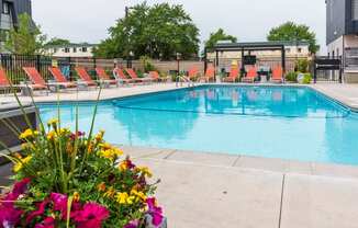 a swimming pool with chairs and flowers around it