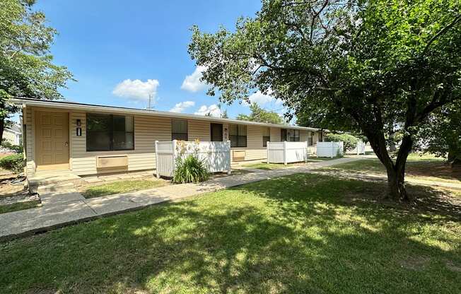 A row of houses with trees in front.