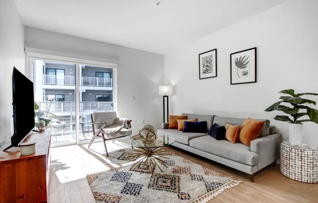 a living room with a couch and a rug and a large window