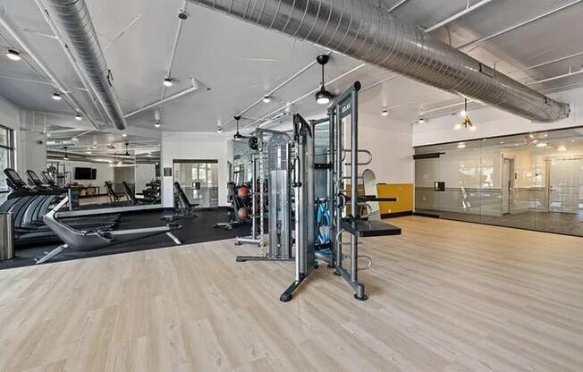 A gym with a variety of equipment including treadmills, weights, and a squat rack.