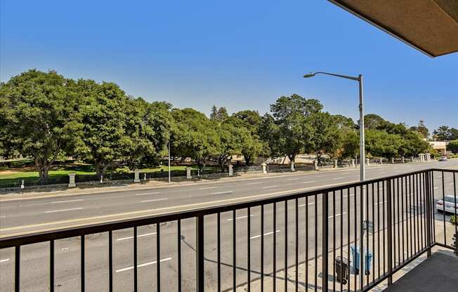 A view from a balcony overlooking a tree-lined street.