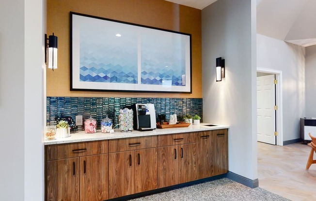Coffee bar in the community clubhouse at The Northbrook Apartments in Lincoln, NE