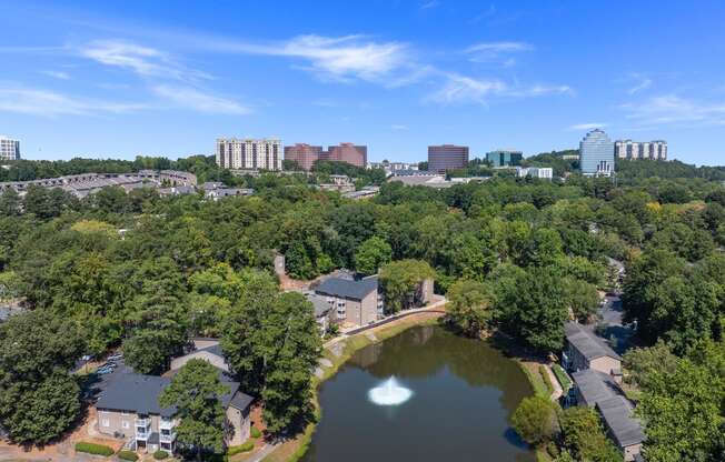 an aerial view of a lake with trees and a city in the background