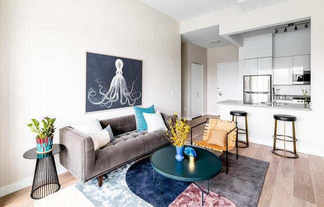 Living room with open kitchen. Apartment 2209. 