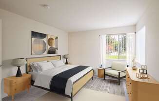 A bedroom with a large bed and a chair.
