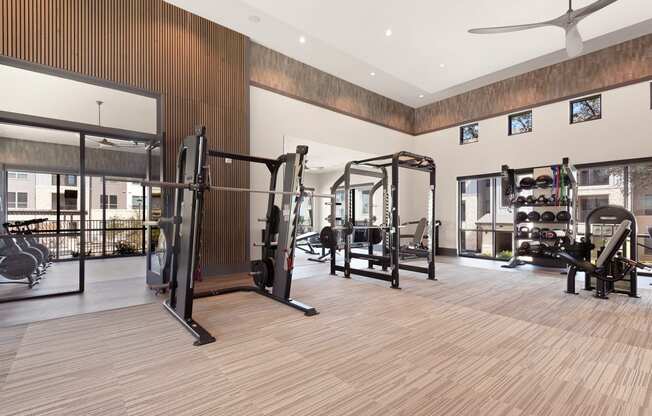 gym with amenities at ironridge at hill country village apartments