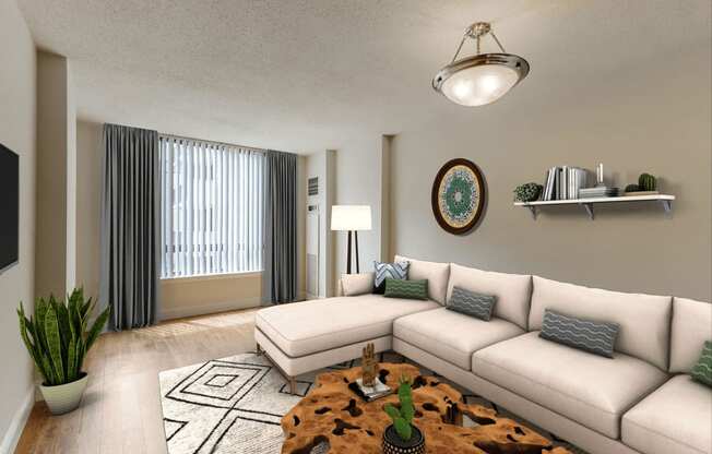 Living Room with Hardwood Style Flooring and Virtually Stage Couch, Coffee Table and Decorations