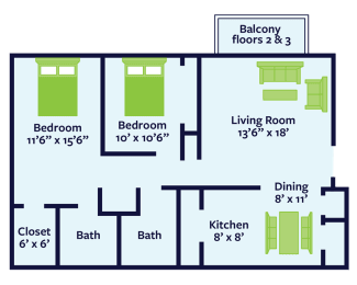 2 beds, 2 baths, 1,000 sqft, $960