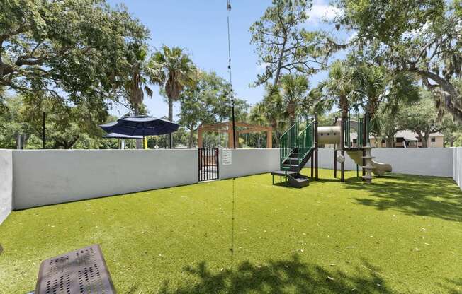 a yard with a picnic table and an umbrella