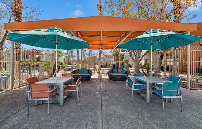 Community Sundeck with Canopy and Lounge Furniture at Stonegate Apartments located in Las Vegas, NV.