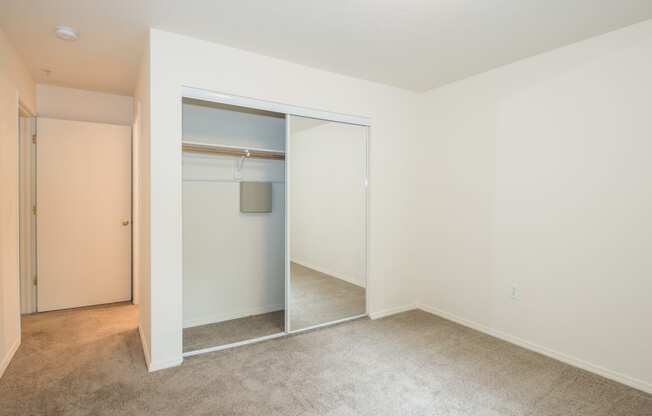 a bedroom with a closet and a carpeted floor