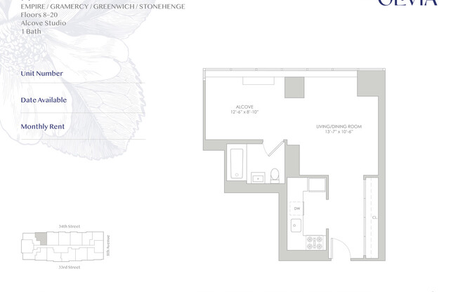 1 bed, 1 bath, 505 sqft, $4,295, Unit 19N
