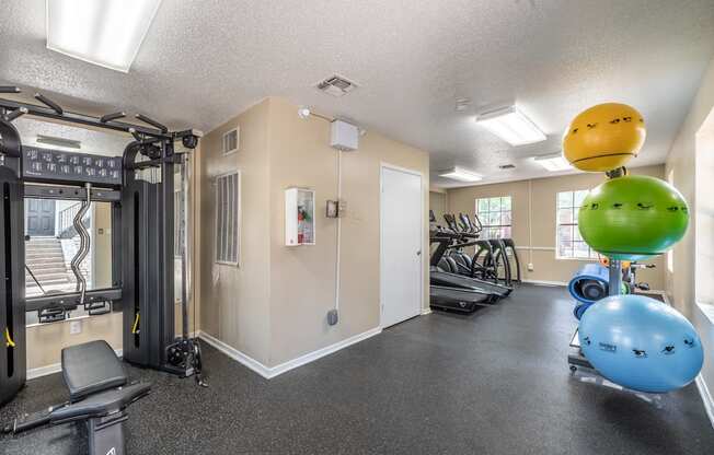 A gym with a variety of equipment including a treadmill, weights, and exercise balls.