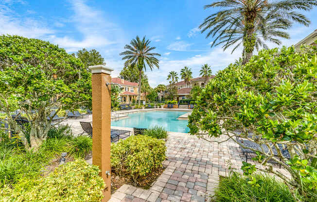 A pool surrounded by greenery and a building in the background.