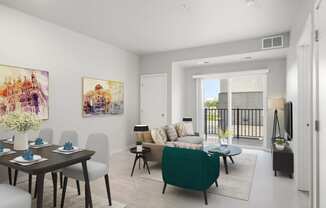 Apartments for Rent in Lakeville MN - Lakeside Flats - Living Room Area, with Plank Wood Flooring, Light Grey Walls, Closet, and Balcony Access, with Large Windows