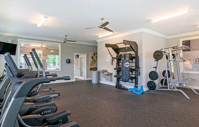 the gym has plenty of cardio equipment and dumbbells