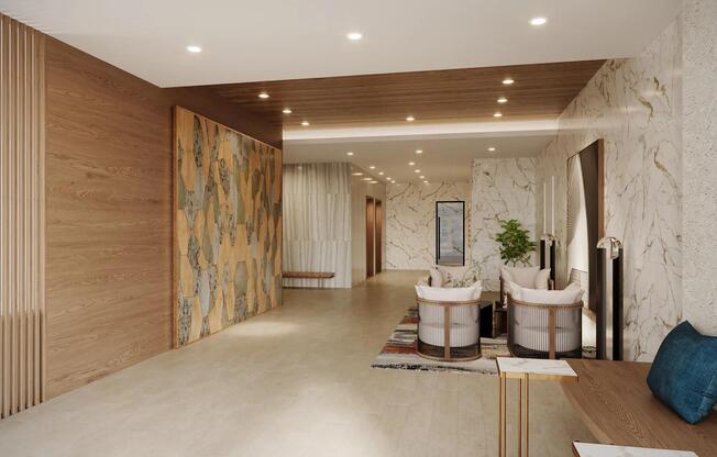 Make a striking first impression at Modera Liberty Row, where the lobby’s refined finishes and warm design welcome you home in Charlotte.